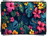 Hibiskus, Plumeria, Kwiaty, Liście, Monstera, Grafika