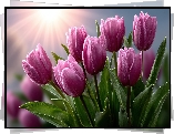 Kwiaty, Ciemnoróżowe, Tulipany, Liście