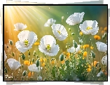 Promienie słońca, Białe, Maki, Kwiaty, Grafika