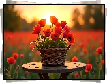 Czerwone, Maki, Koszyk, Grafika, Kwiaty