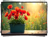 Czerwone, Maki, Kwiaty, Doniczka, Grafika