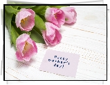 Dzień Matki, Bukiet, Różowe, Tulipany, Kartka, Napis