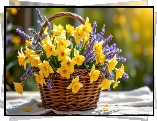 Wiklinowy, Koszyk, Kwiaty, Narcyzy żonkile, Lawenda