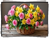 Różowe, Róże, Żółte, Narcyzy żonkile, Wiklinowy, Koszyk