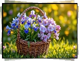 Kwiaty, Niebieskie, Irysy, Wiklinowy, Koszyk