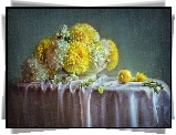 Reprodukcja, Obraz, Bukiet, Kwiaty, Żółto-białe, Chryzantemy, Cytryna, Obrus
