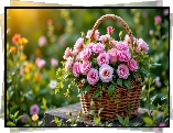 Kwiaty, Róże, Koszyk, Ogród
