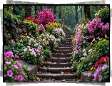 Schody, Kolorowe, Kwiaty, Ogród