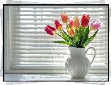 Tulipany, Bukiet, Dzbanek, Okno, Żaluzja, Grafika