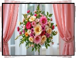Wiszący, Bukiet, Kwiaty, Okno, Zasłony, Grafika AI