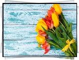 Czerwone, Żółte, Tulipany, Bukiet, Wstążka, Niebieskie, Deski
