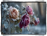 Róże, Oszronione, Kwiaty, Grafika AI