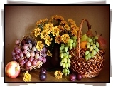 Owoce, Kosze, Bukiet, Chryzantem