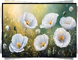 Białe, Rozwinięte, Maki, Pąki, Kwiaty, Grafika
