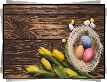 Pisanki, Żółte, Tulipany, Deski, Wielkanoc