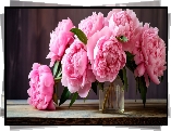 Kwiaty, Piwonie, Różowe, Wazon, Deski