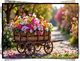 Wózek, Kolorowe, Kwiaty, Płatki