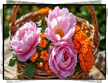 Kwiaty, Różowe, Piwonie, Pomarańczowe, Nagietki, Wiklinowy, Koszyk