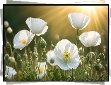 Białe, Maki, Kwiaty, Promienie słońca, Grafika