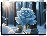 Róża, Szron, Zima, Promienie słońca, Grafika AI