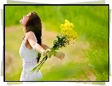 Romantyczna, Dziewczyna, Łąka, Bukiet, Kwiatów