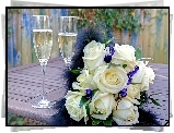 Białe, Róże, Bukiet Kwiatów, Szampan, Kwiaty, Ślubne