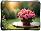 Różowe, Róże, Koszyk, Kwiaty, Grafika