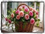 Kwiaty, Róże, Koszyk, Parapet, Okno