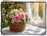 Koszyk, Bukiet, Kwiaty, Róże, Stokrotki, Listki, Okno