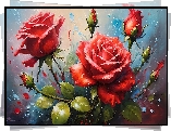 Czerwone, Róże, Pąki, Kwiaty, Grafika