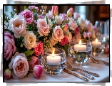 Kwiaty, Róże, Świece, Sztućce, Stół