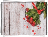 Walentynki, Róże, Czerwone, Bukiet, Wstążka, Serduszka, Deski