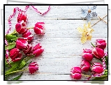 Biało-różowe, Tulipany, Wstążka, Dwa, Wiatraczki, Deski
