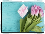 Różowe, Tulipany, Prezent, Niebieskie, Deski