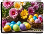 Wielkanoc, Kolorowe, Pisanki, Gniazdko, Kwiaty, Gerbery, Żółte, Różowe