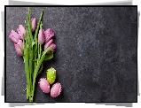 Wielkanoc, Różowe, Tulipany, Trzy, Pisanki, Szare Tło