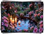 Ogród, Oczko wodne, Różowe, Kwiaty, Płonące, Świece