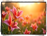 Różowe, Lilie, Kwiaty, Rozświetlone, Tło, Grafika
