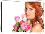 Rudowłosa, Dziewczyna, Makijaż, Bukiet, Tulipanów