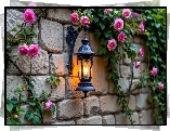 Murowana, Ściana, Kwiaty, Róże, Lampa