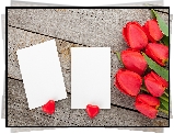Walentynki, Serduszka, Kwiaty, Czerwone, Tulipany, Kartki, Deski