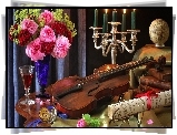 Skrzypce, Bukiet, Kwiaty, Róże, Świecznik, Nuty