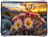 Kaktus, Kwiaty, Zachód słońca, Grafika AI