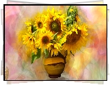 Słoneczniki, Bukiet, Wazon, Grafika