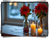 Kwiaty, Gwiazda betlejemska, Szklane, Naczynia, Świece, Okno
