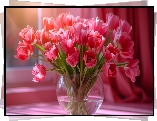 Kwiaty, Różowe, Tulipany, Szklany, Wazon, Okno