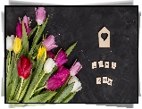 Dzień Matki, Napis, Love Mom, Kolorowe, Tulipany, Ciemne, Tło