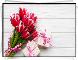 Czerwone, Tulipany, Wstążka, Bukiet, Dwa, Prezenty, Deski