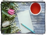 Kwiaty, Tulipany, Konwalie, Herbata, Kartka, Długopis, Deski
