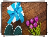 Różowe, Tulipany, Bukiet, Buty, Prezent, Niebieska, Wstążka